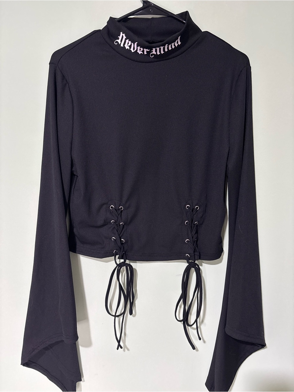 SHEIN Curve Goth Lace Up Crop Top Black Ribbed Bell Sleeve “Never Mind” 0XL